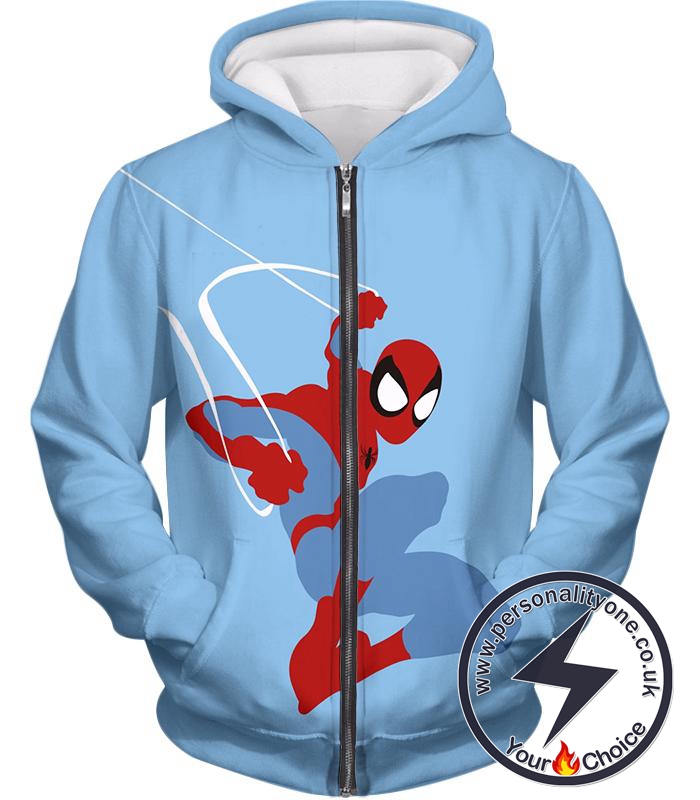 Super Cool Animated Spiderman Web Action Blue Zip Up Hoodie